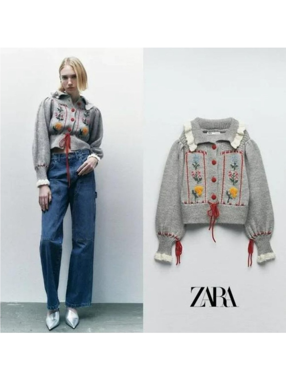ZARA Gray Floral Embroidered Cropped Knit Hoodie